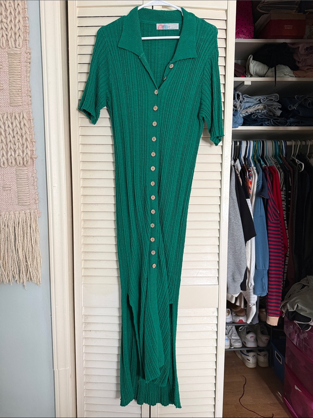 Button-Front Green Ribbed Maxi Dress